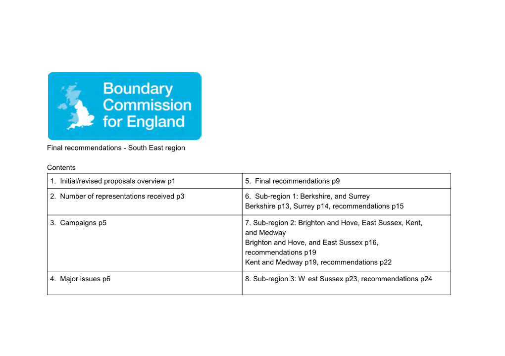 Final Recommendations - South East Region