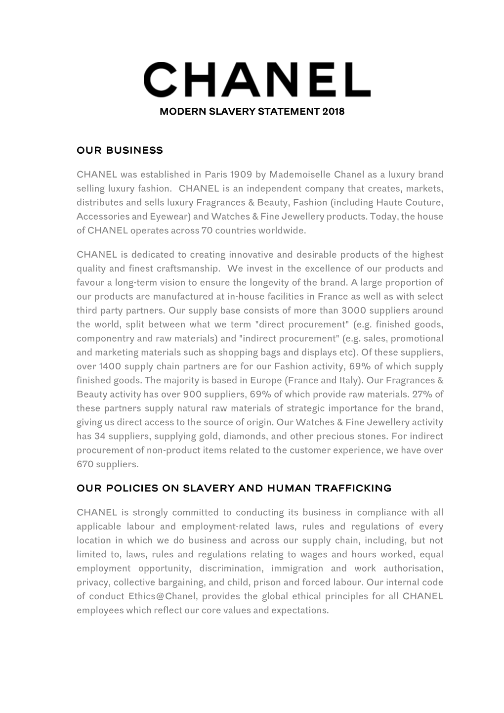 Modern Slavery Statement 2018 Our Business Chanel