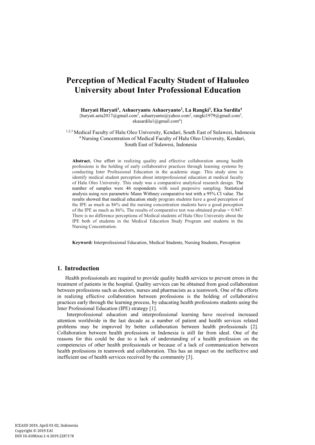 Perception of Medical Faculty Student of Haluoleo University About Inter Professional Education