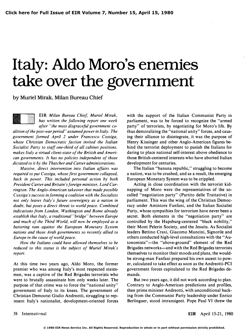 Italy: Aldo Moro's Enemies Take Over the Government