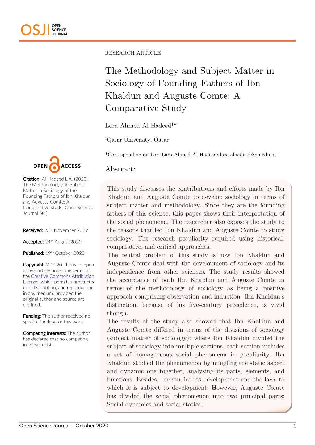 The Methodology and Subject Matter in Sociology of Founding Fathers of Ibn Khaldun and Auguste Comte: a Comparative Study