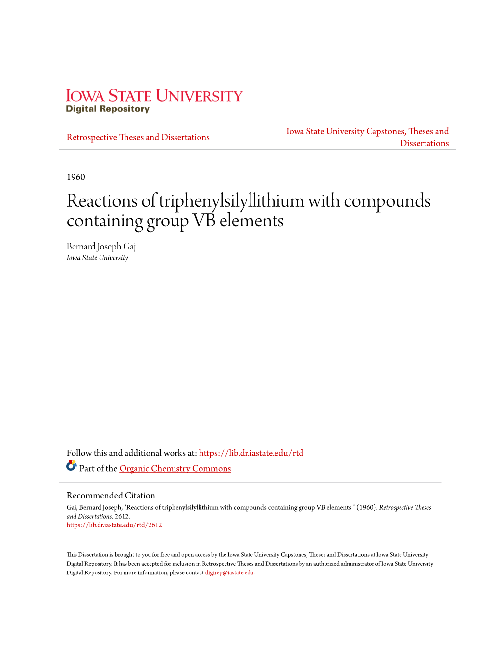 Reactions of Triphenylsilyllithium with Compounds Containing Group VB Elements Bernard Joseph Gaj Iowa State University