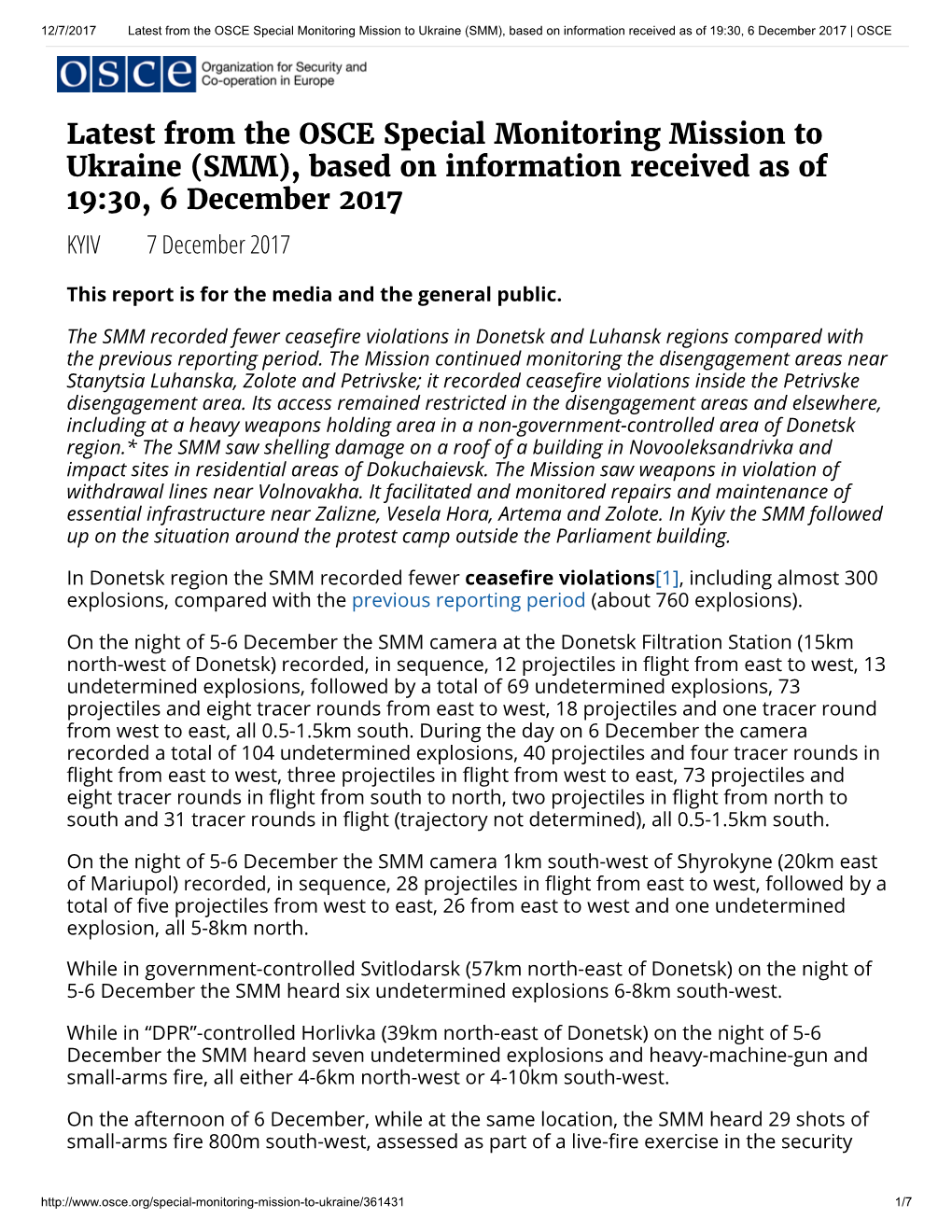 Latest from the OSCE Special Monitoring Mission to Ukraine (SMM), Based on Information Received As of 19:30, 6 December 2017 | OSCE
