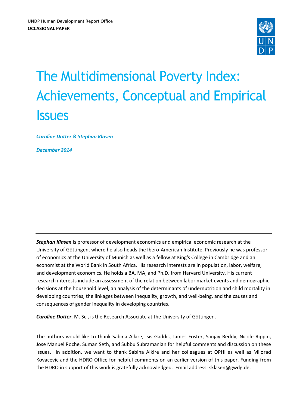 The Multidimensional Poverty Index: Achievements, Conceptual and Empirical Issues