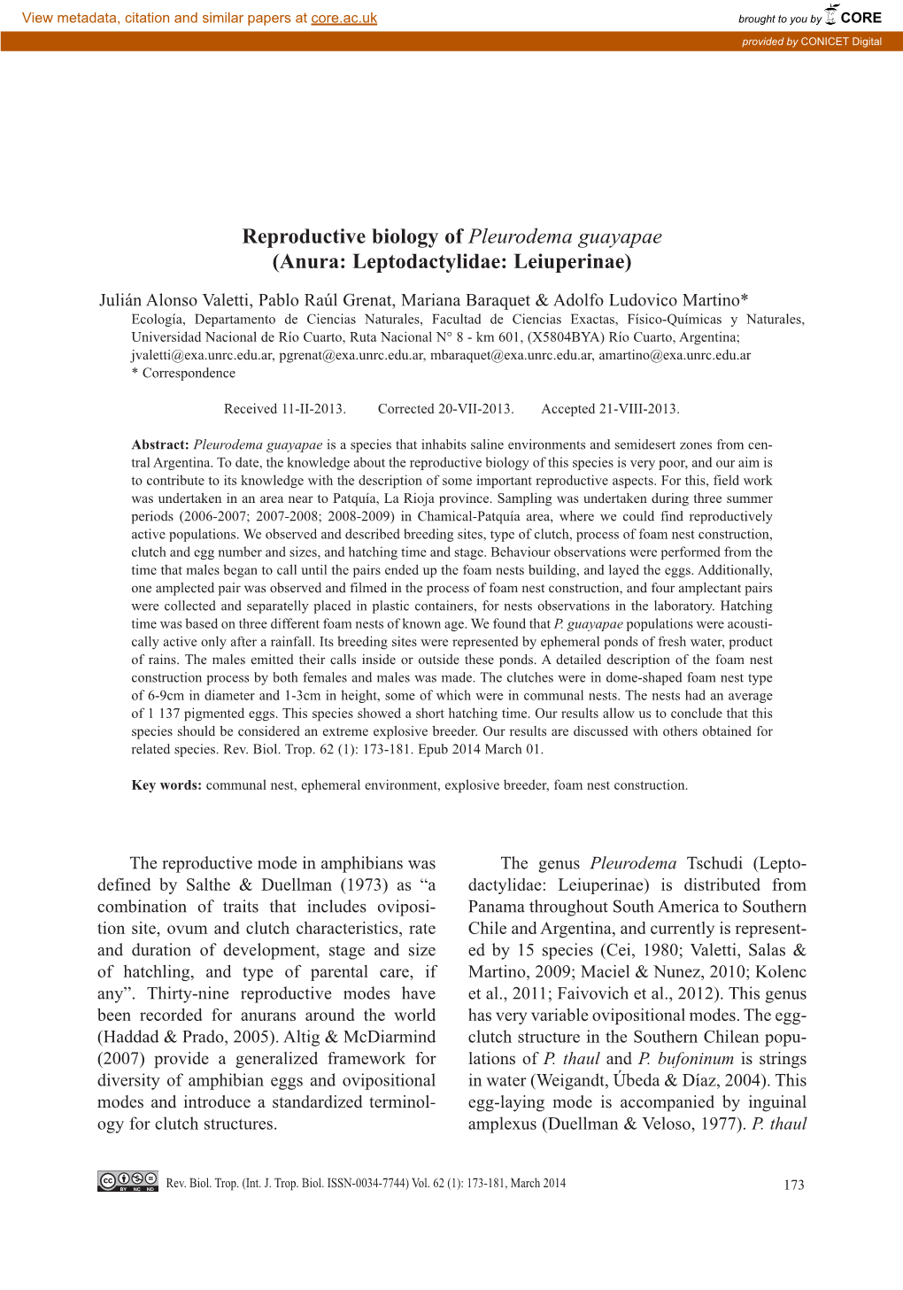 Reproductive Biology of Pleurodema Guayapae (Anura: Leptodactylidae: Leiuperinae)
