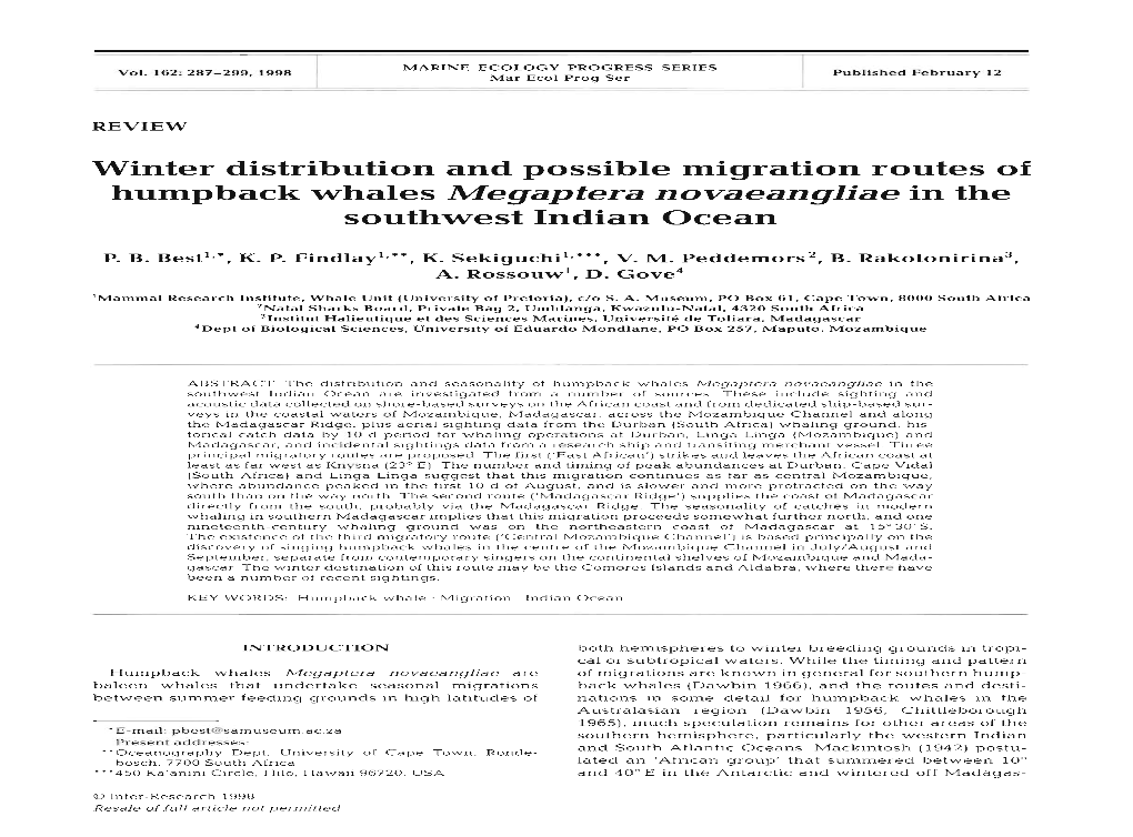 Ossible Miaration Routes of Humpback Whales Megaptera Novaeangliae In