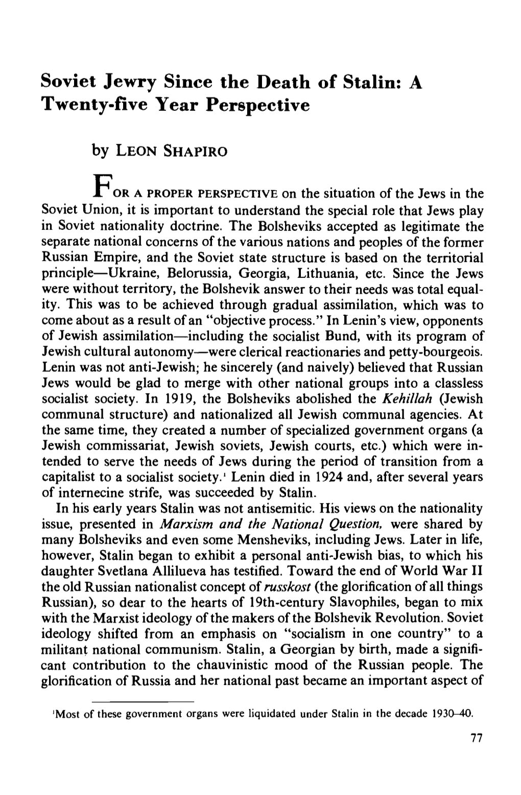 Soviet Jewry Since the Death of Stalin: a Twenty-Five Year Perspective