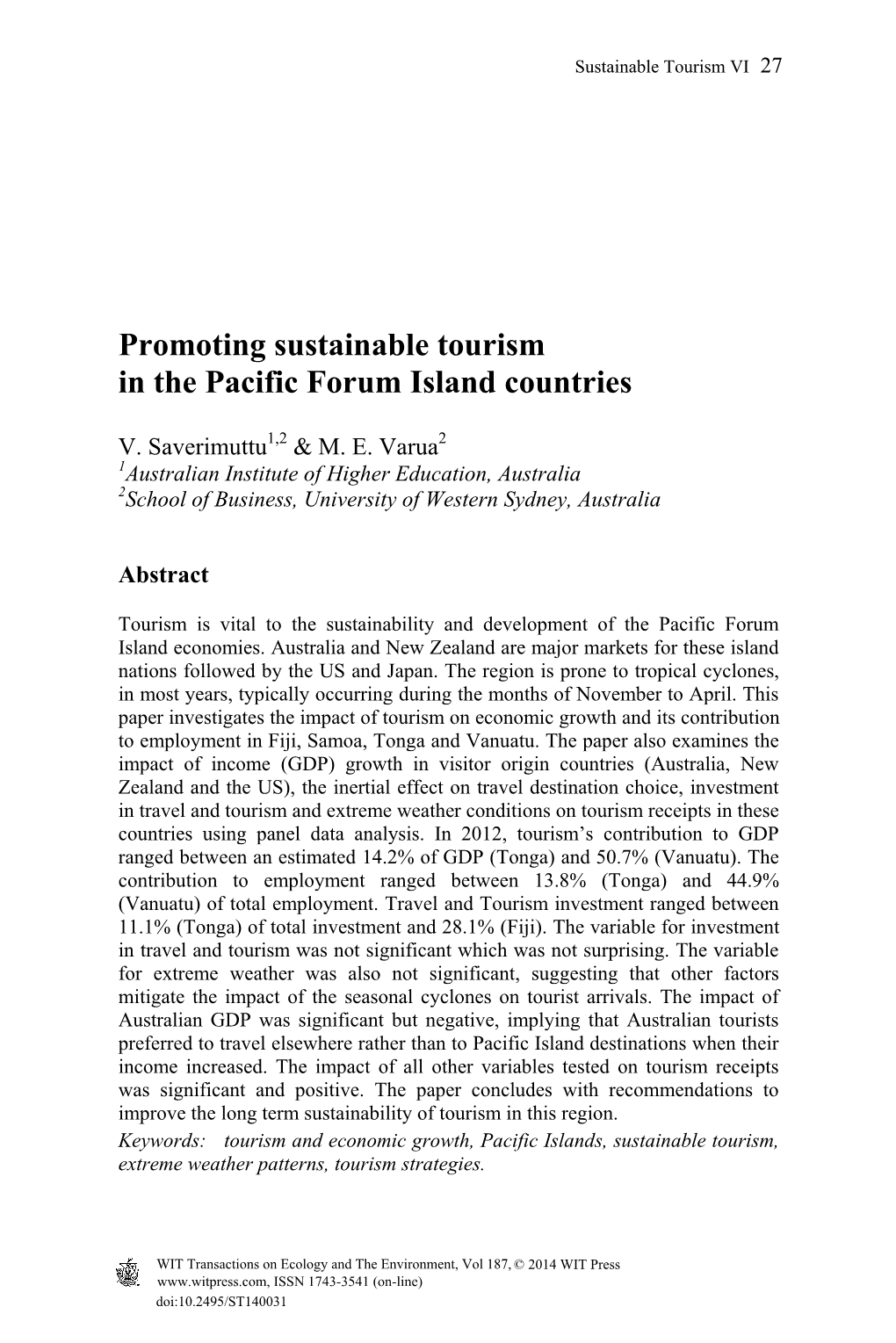 Promoting Sustainable Tourism in the Pacific Forum Island Countries