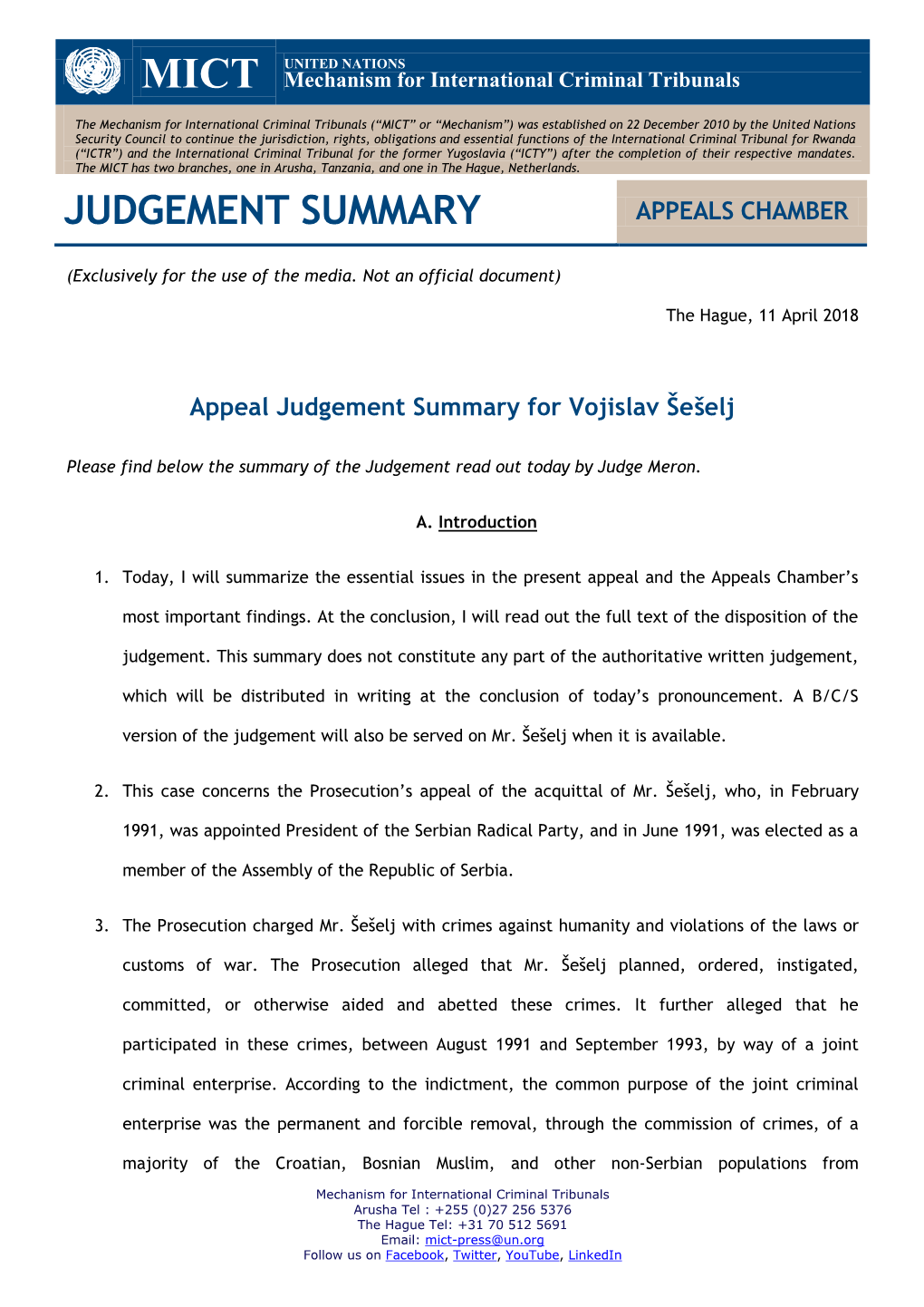 Appeal Judgement Summary for Vojislav Šešelj