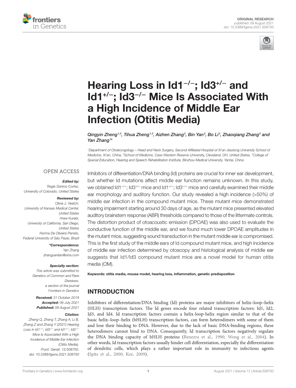 Hearing Loss in Id1−/−; Id3+/− and Id1+/−; Id3−/− Mice Is Associated with a High Incidence of Middle Ear Infection (Otitis Media)