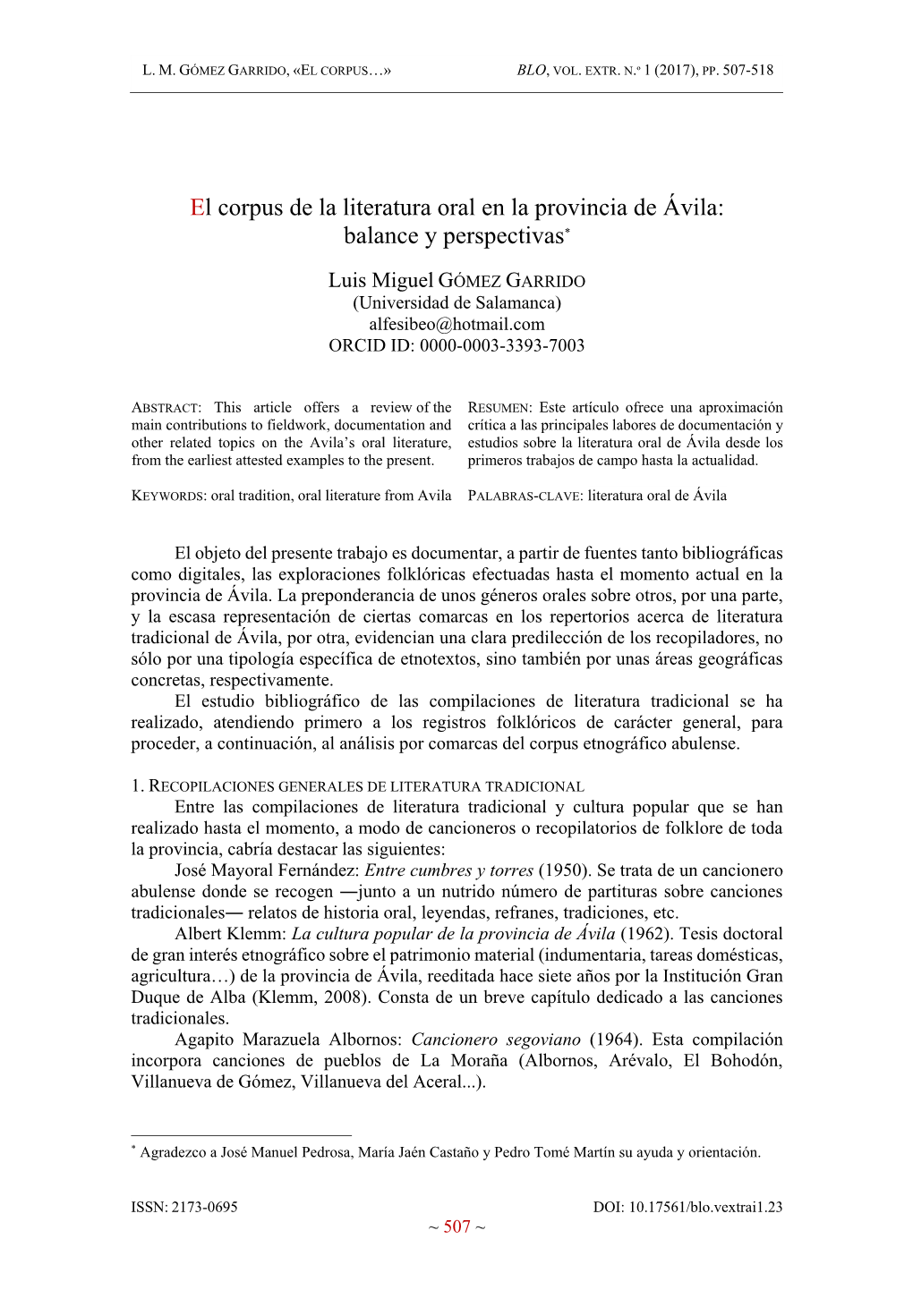 El Corpus De La Literatura Oral En La Provincia De Ávila: Balance Y Perspectivas*