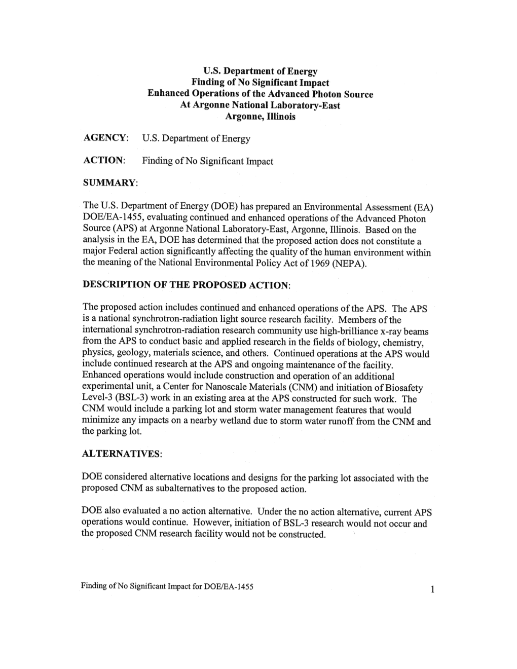 U.S. Department of Energy Finding of No Significant Impact Enhanced Operations of the Advanced Photon Source at Argonne National Laboratory-East Argonne, Illinois