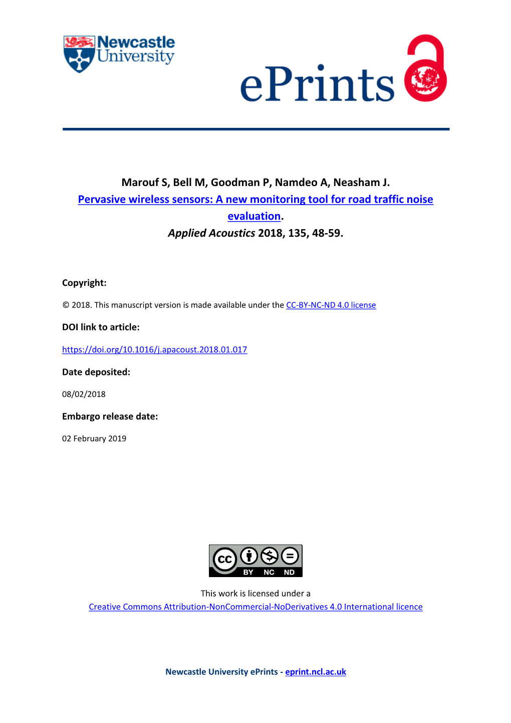 Pervasive Wireless Sensors: a New Monitoring Tool for Road Traffic Noise Evaluation. Applied Acoustics 2018, 135, 48-59