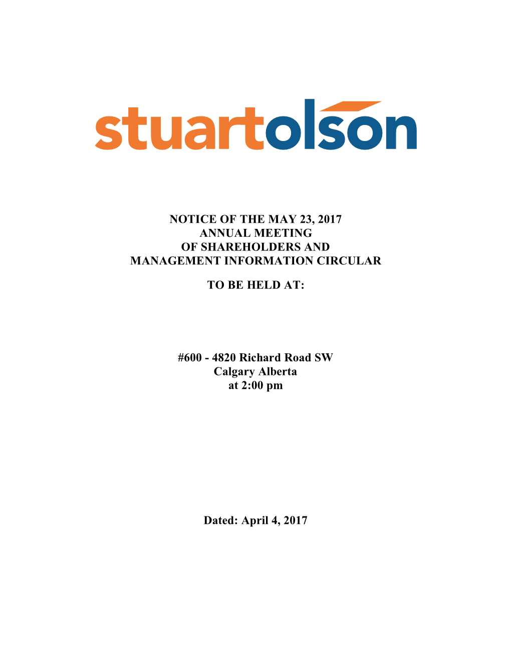 Notice of the May 23, 2017 Annual Meeting of Shareholders and Management Information Circular