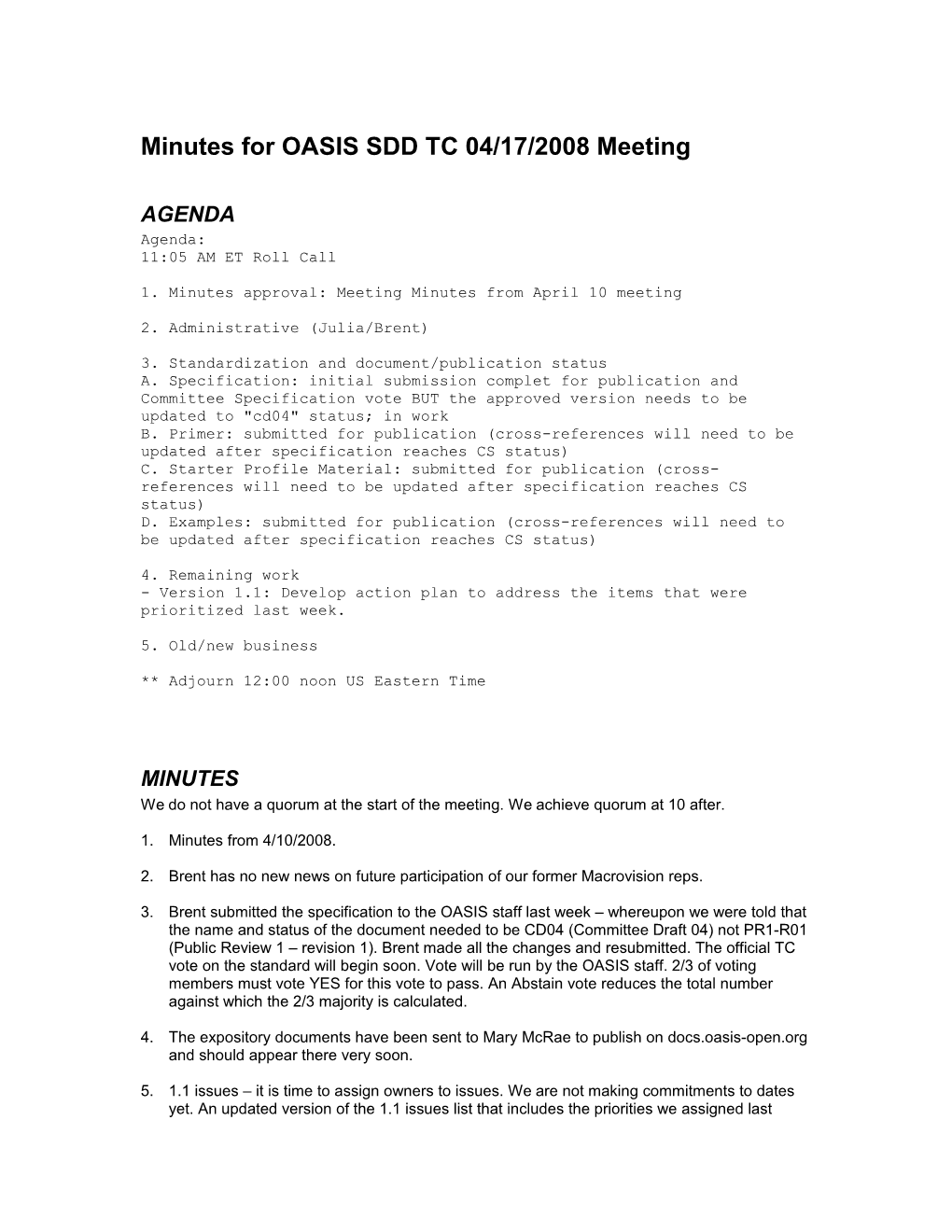 Meeting Minutes for OASIS SDD, 2008 s1