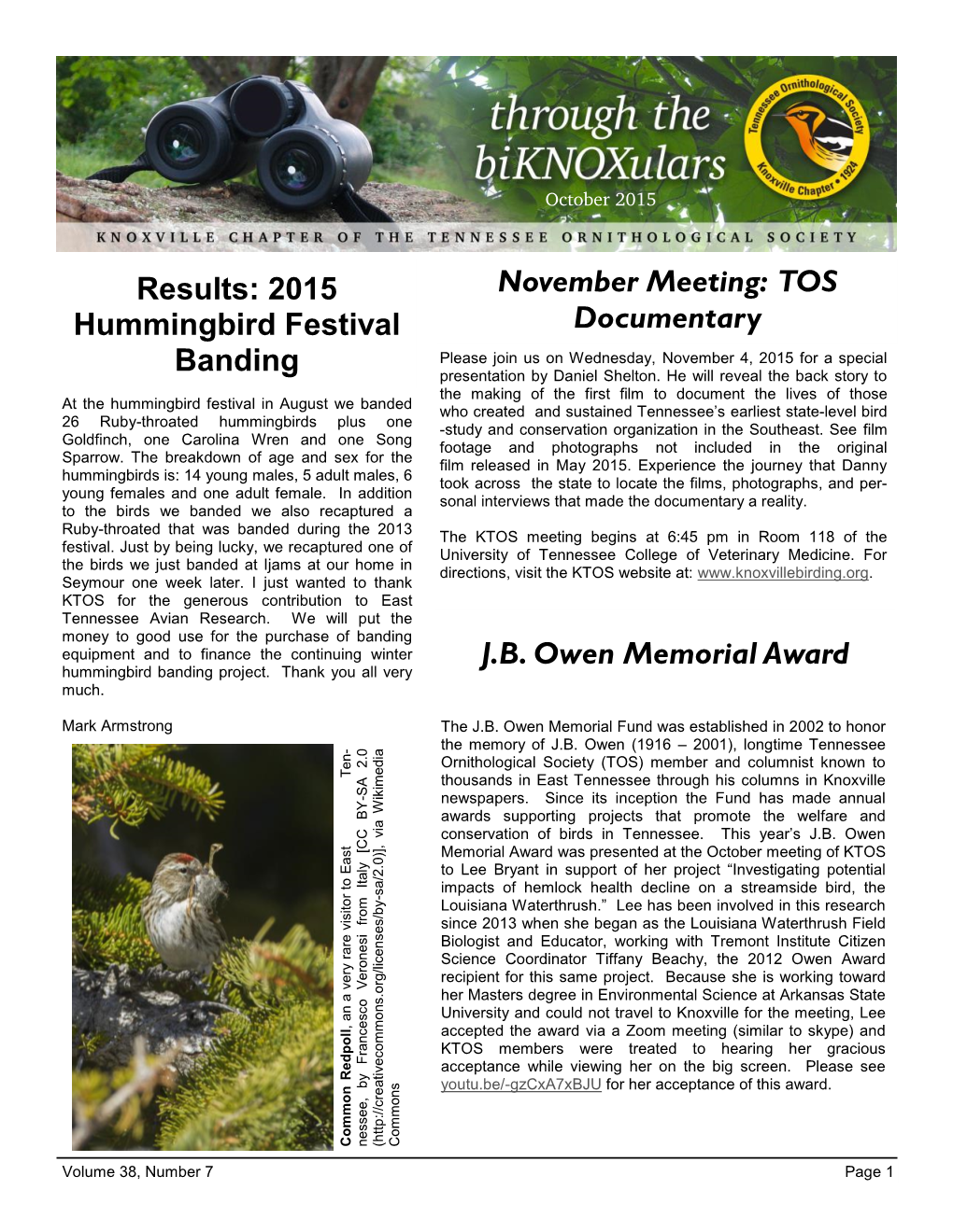 2015 Hummingbird Festival Banding JB Owen Memorial Award