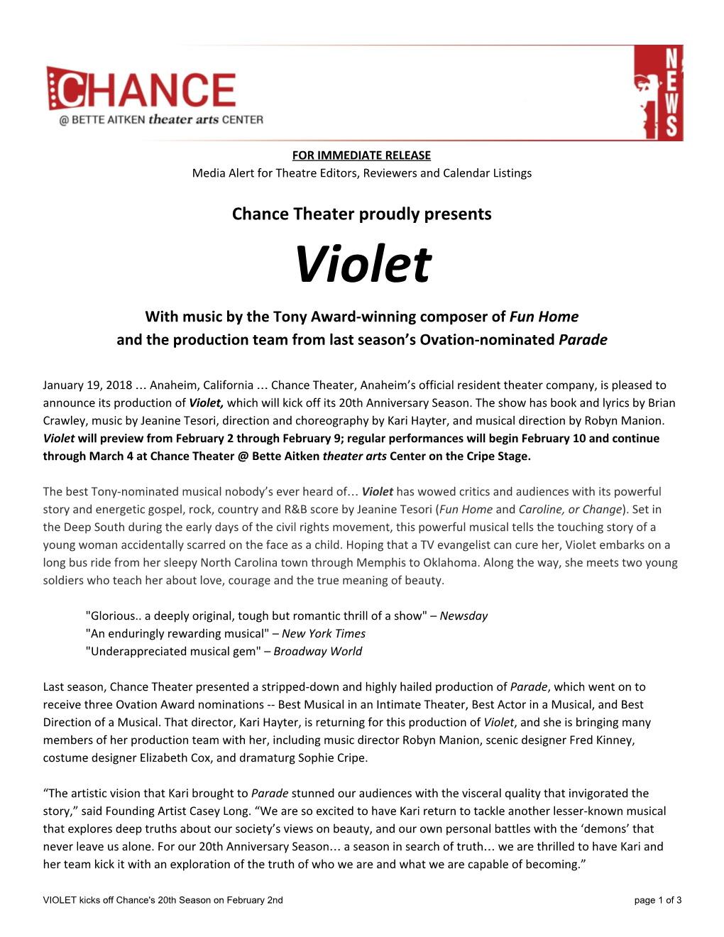 Violet with Music by the Tony Award-Winning Composer of Fun Home ​ and the Production Team from Last Season’S Ovation-Nominated Parade ​