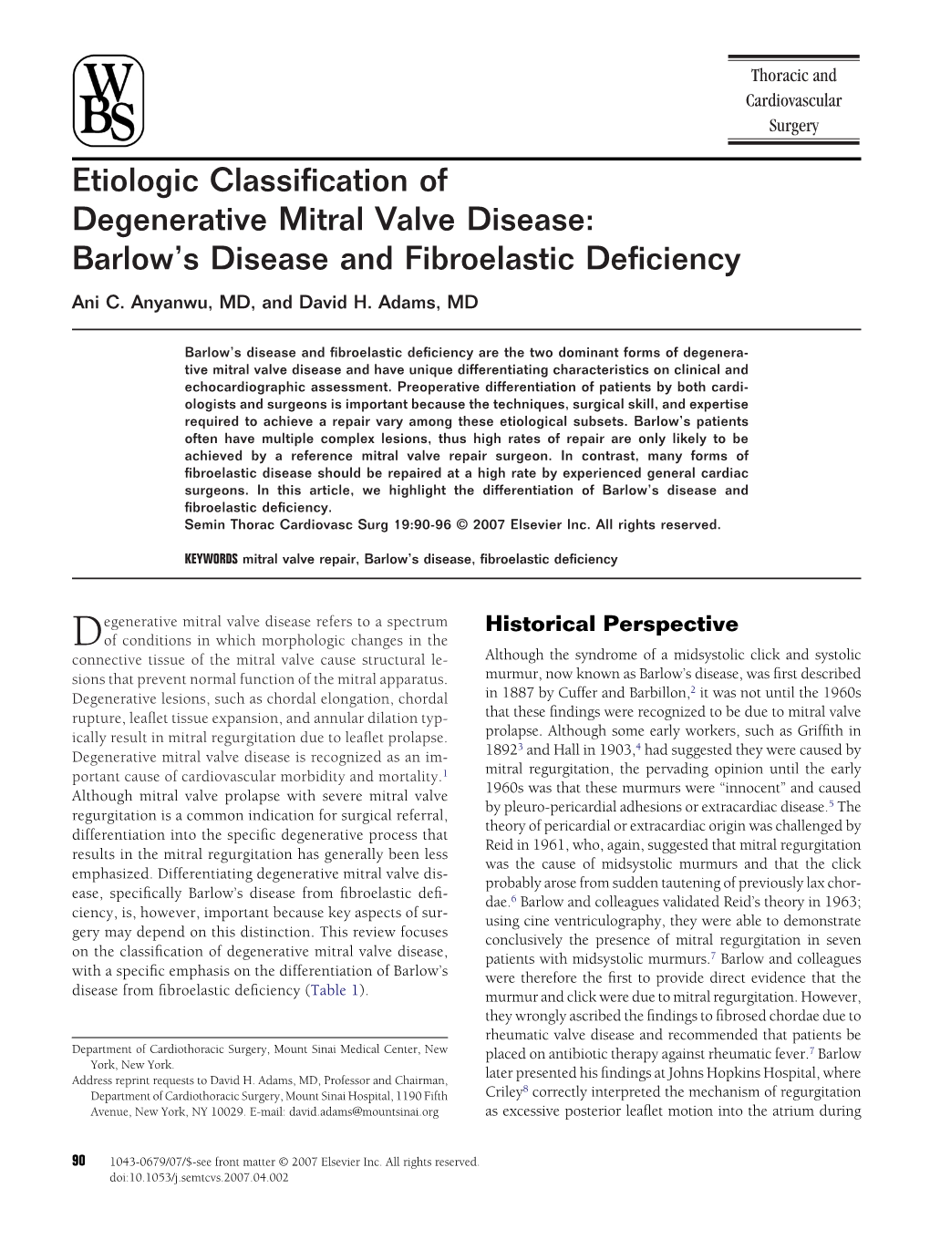 Etiologic Classification of Degenerative Mitral Valve Disease: Barlow's Disease and Fibroelastic Deficiency