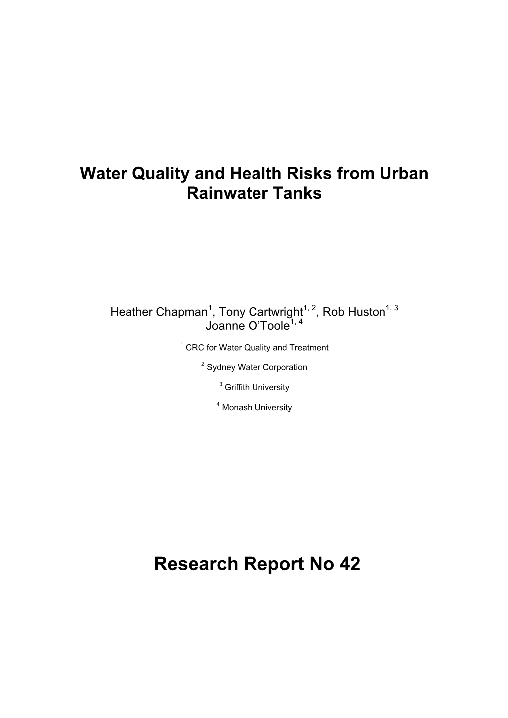 Water Quality and Health Risks from Urban Rainwater Tanks