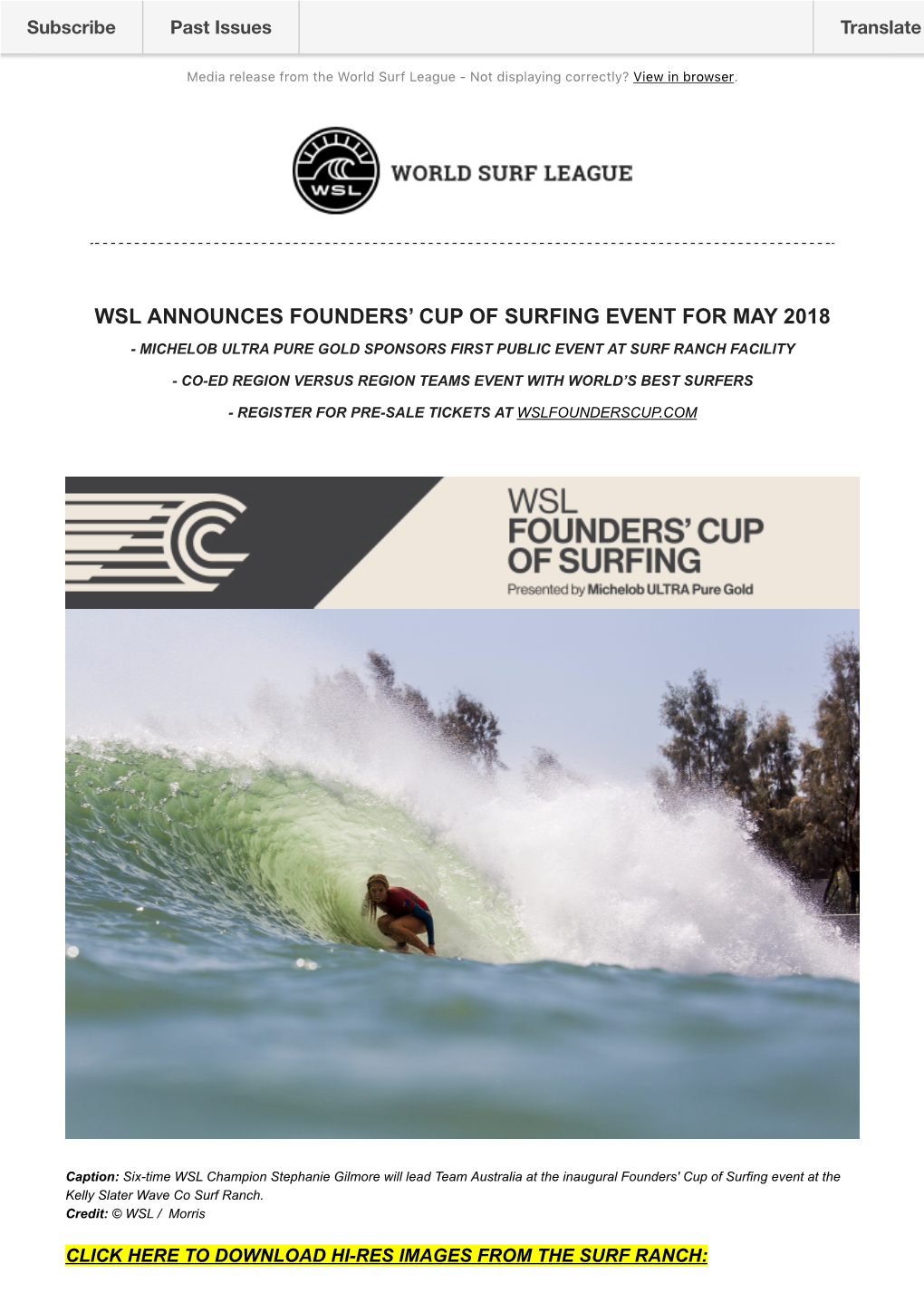 Wsl Announces Founders' Cup of Surfing Event for May