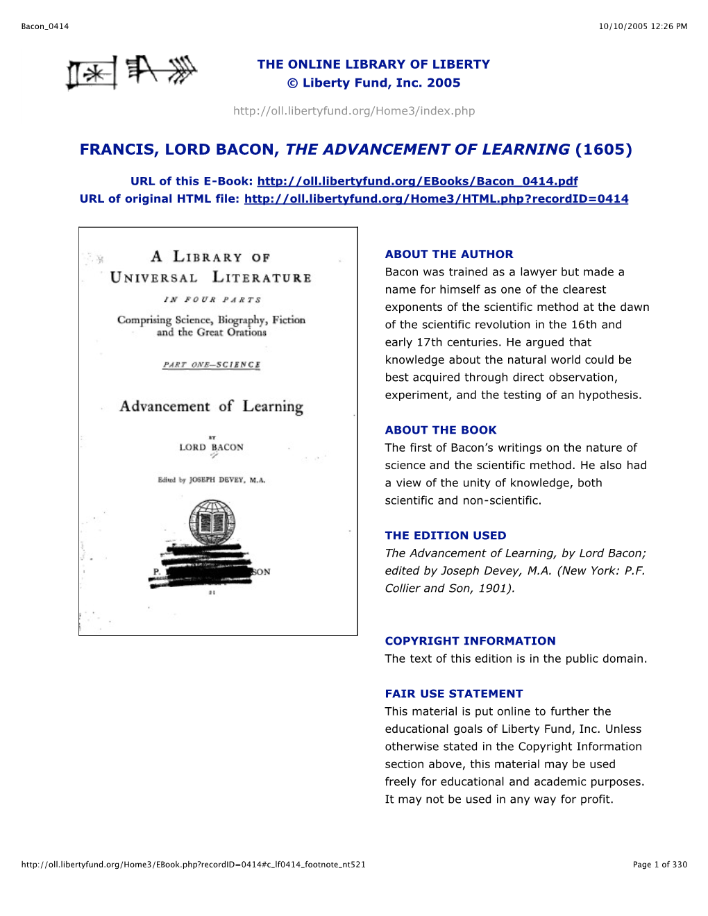 Francis, Lord Bacon, the Advancement of Learning (1605)
