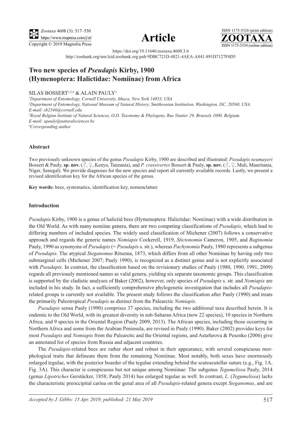 Two New Species of Pseudapis Kirby, 1900 (Hymenoptera: Halictidae: Nomiinae) from Africa