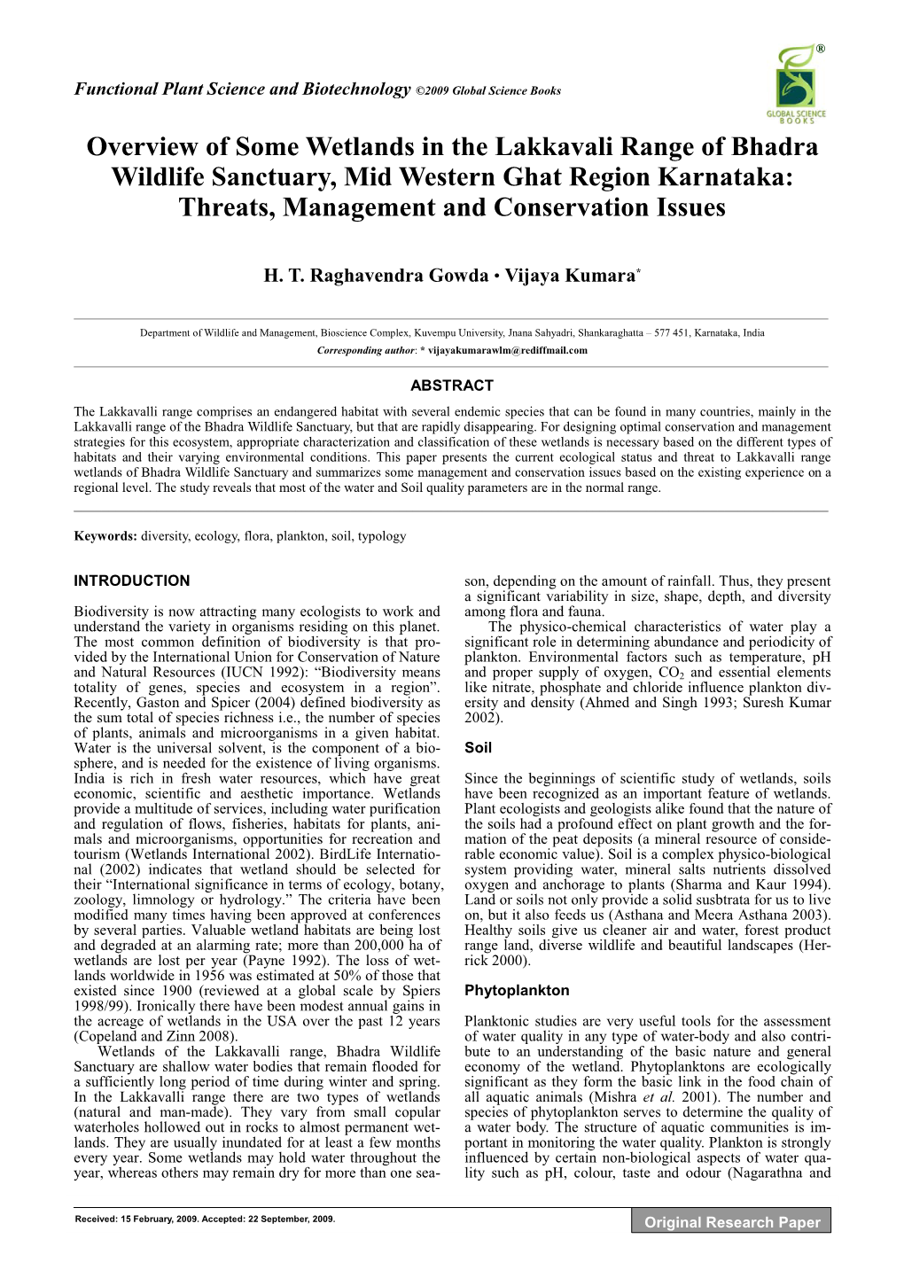 Overview of Some Wetlands in the Lakkavali Range of Bhadra Wildlife Sanctuary, Mid Western Ghat Region Karnataka: Threats, Management and Conservation Issues