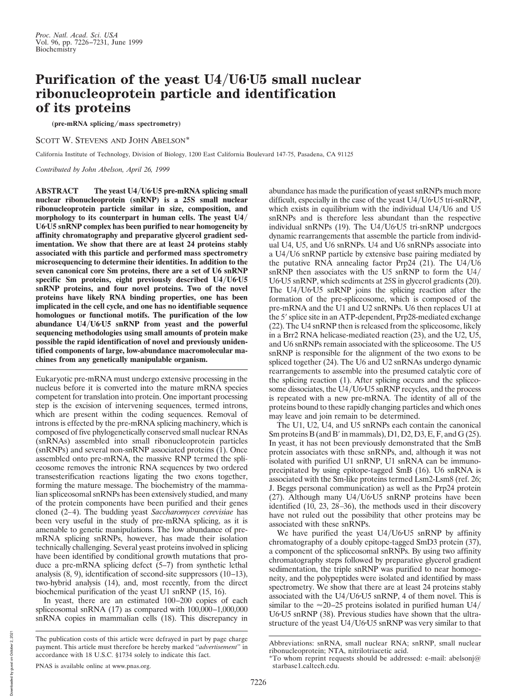 Purification of the Yeast U4/U6 U5 Small Nuclear Ribonucleoprotein