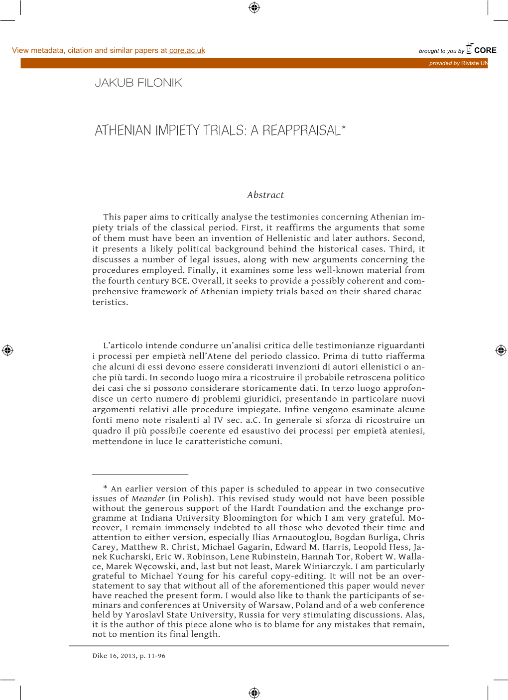 Athenian Impiety Trials: a Reappraisal*