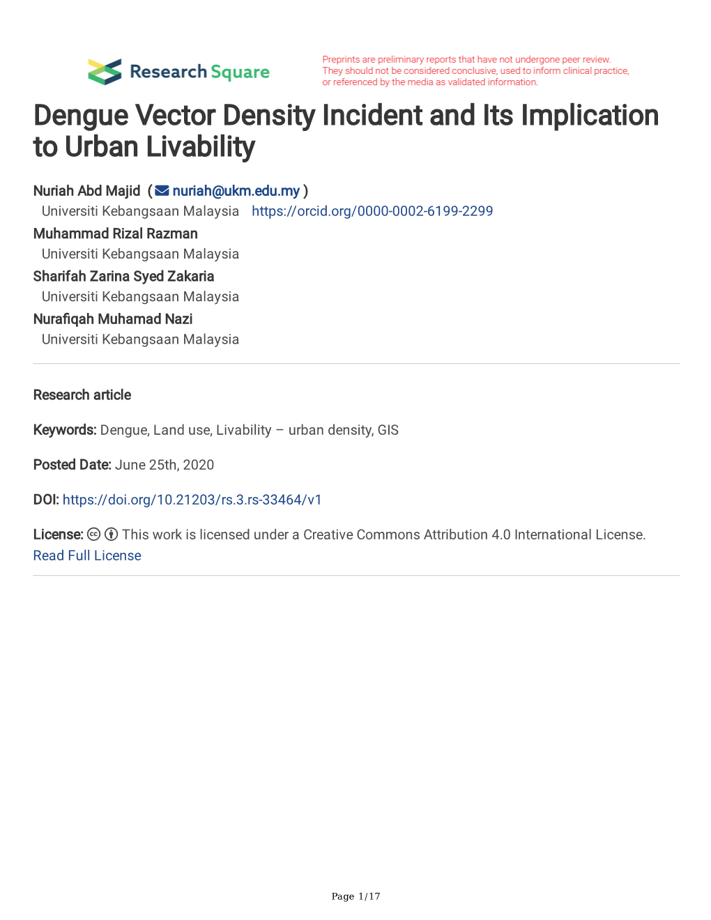 Dengue Vector Density Incident and Its Implication to Urban Livability