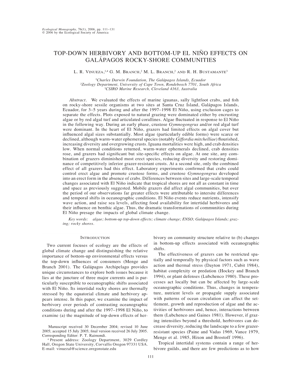 Top-Down Herbivory and Bottom-Up El Nin˜ O Effects