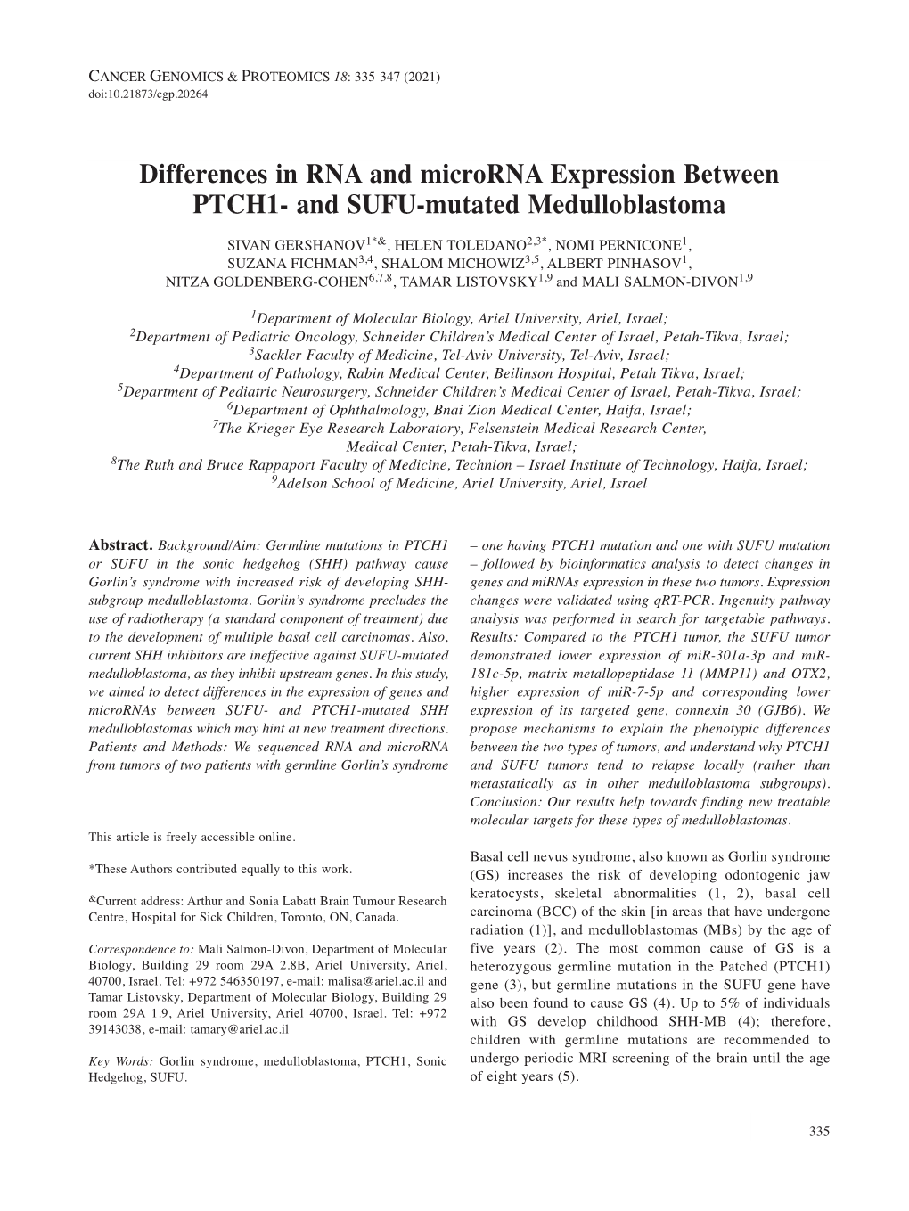 Differences in RNA and Microrna Expression Between PTCH1