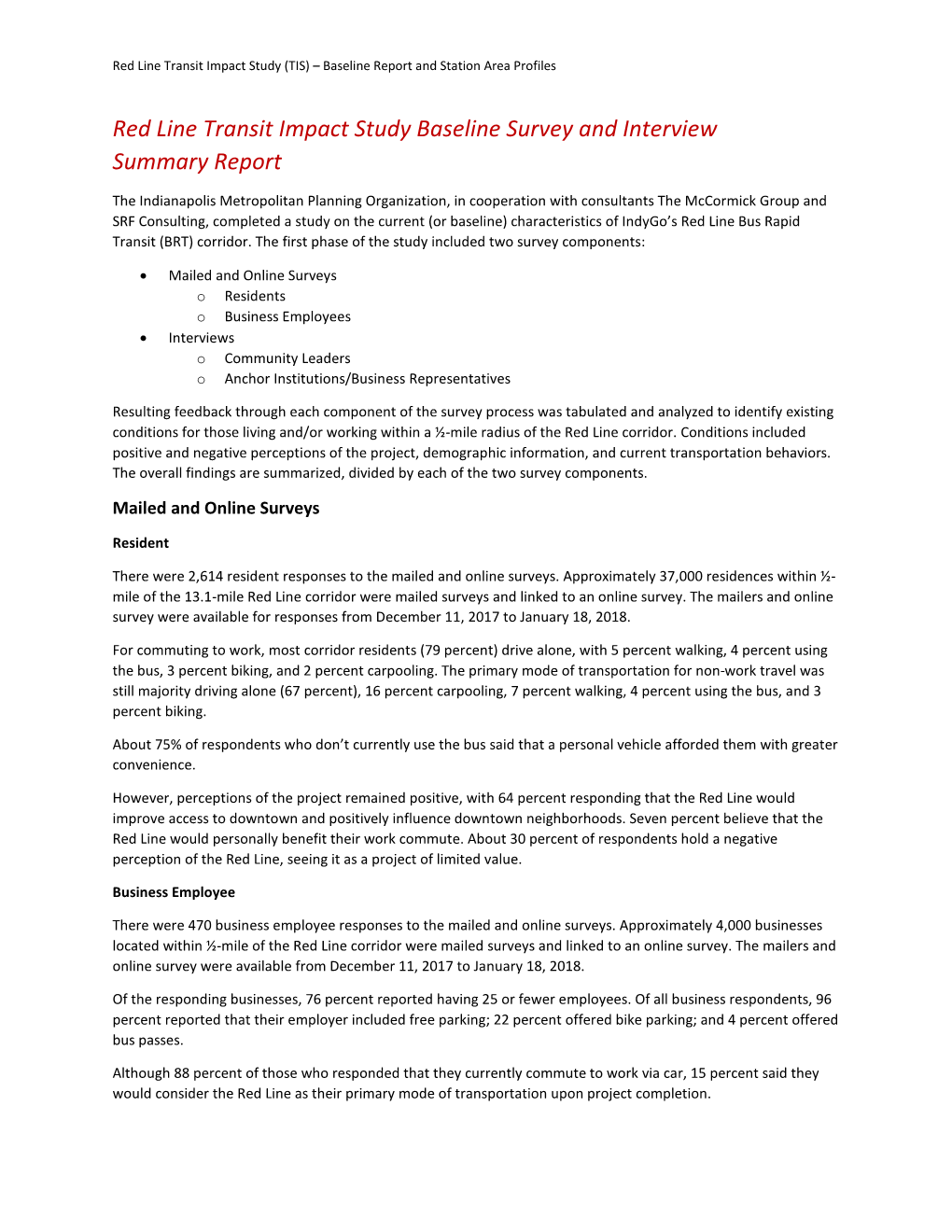 Red Line Transit Impact Study Baseline Survey and Interview Summary Report