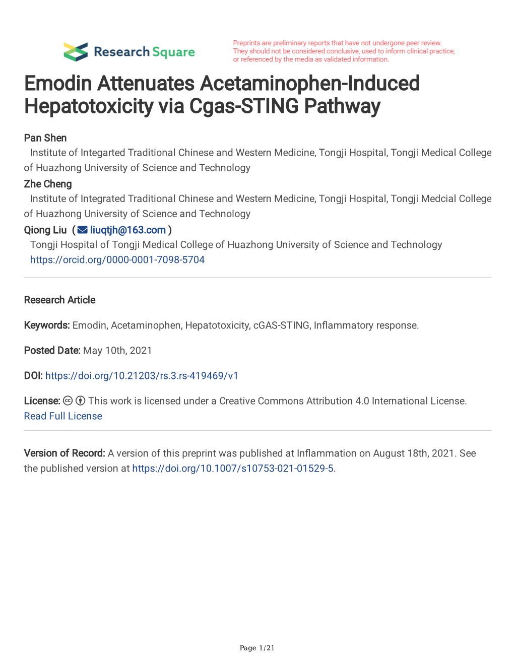 Emodin Attenuates Acetaminophen-Induced Hepatotoxicity Via Cgas-STING Pathway