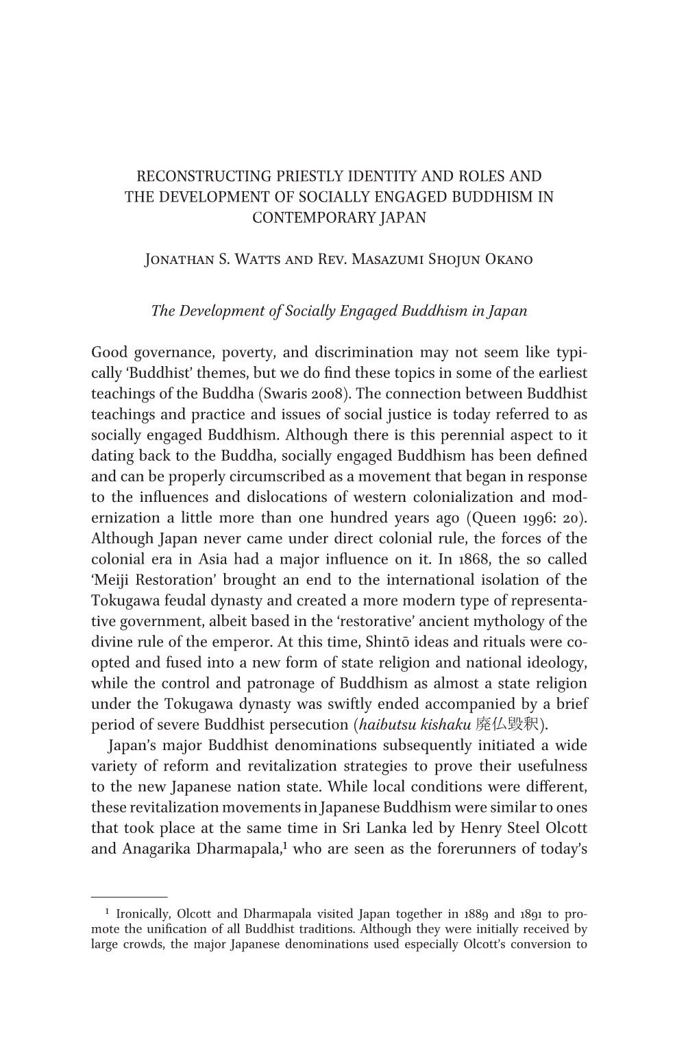 Reconstructing Priestly Identity and Roles and the Development of Socially Engaged Buddhism in Contemporary Japan