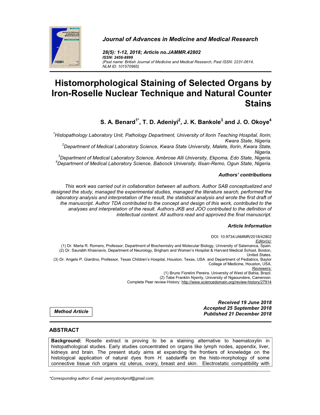 Histomorphological Staining of Selected Organs by Iron-Roselle Nuclear Technique and Natural Counter Stains