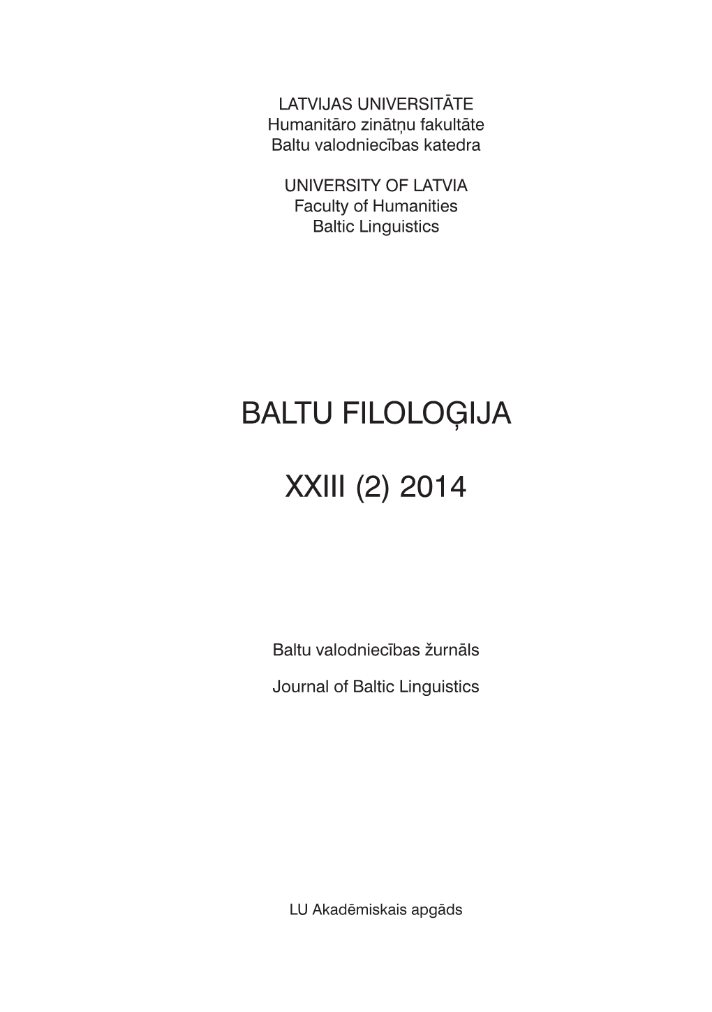 Baltu Filoloģija XXIII (2) 2014