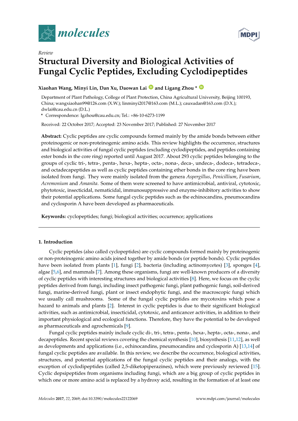 Structural Diversity and Biological Activities of Fungal Cyclic Peptides, Excluding Cyclodipeptides