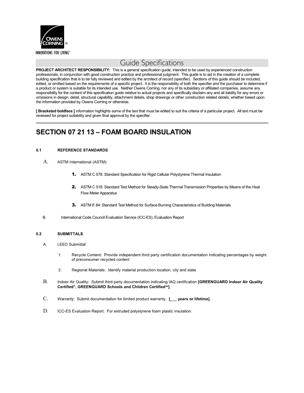 Section 07 21 13 Foam Board Insulation