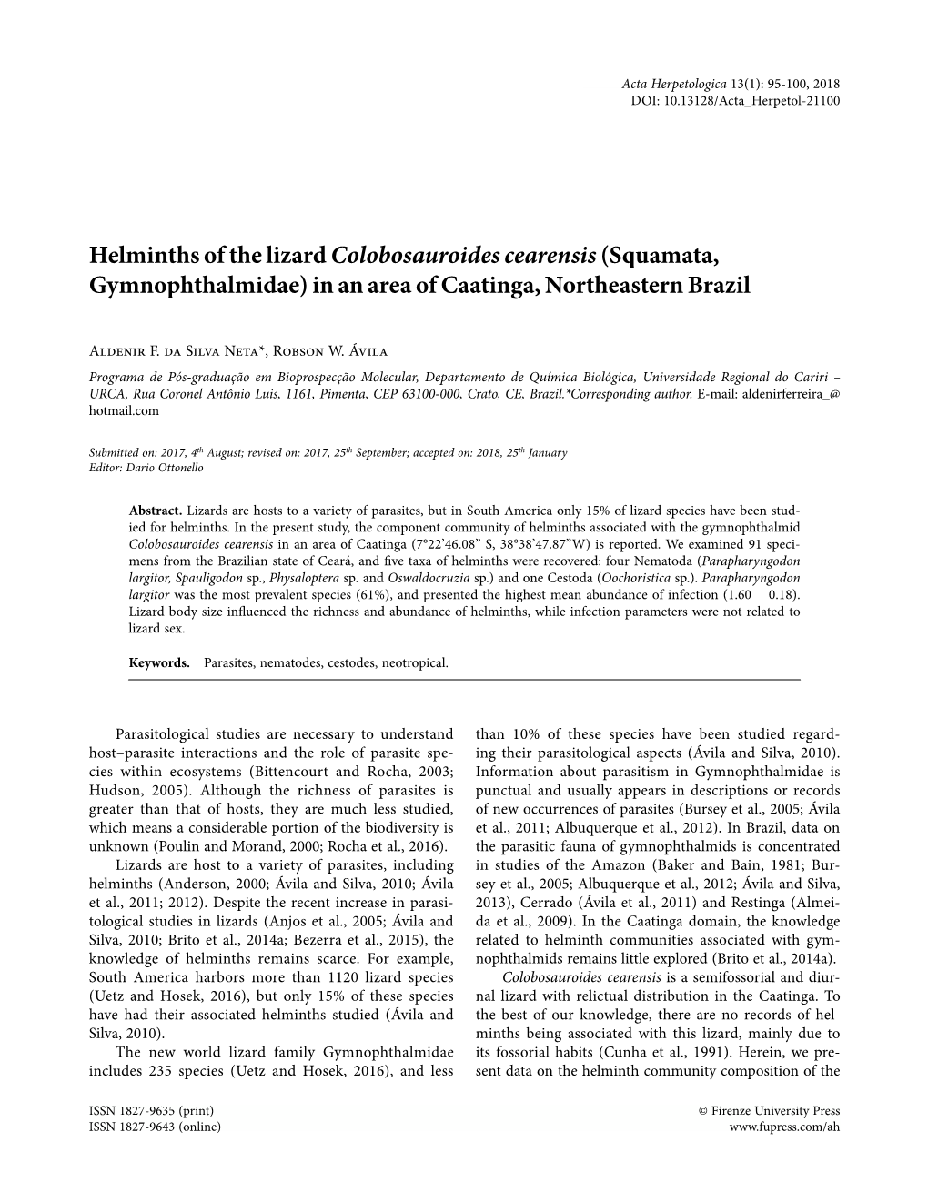 Helminths of the Lizard Colobosauroides Cearensis (Squamata, Gymnophthalmidae) in an Area of Caatinga, Northeastern Brazil