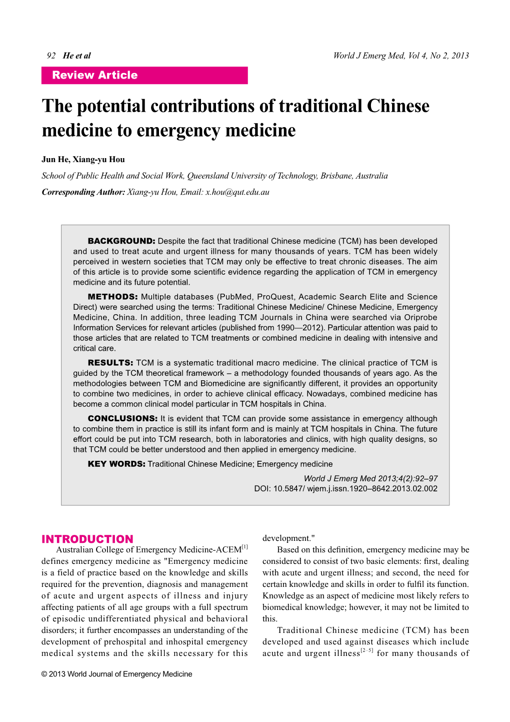 The Potential Contributions of Traditional Chinese Medicine to Emergency Medicine