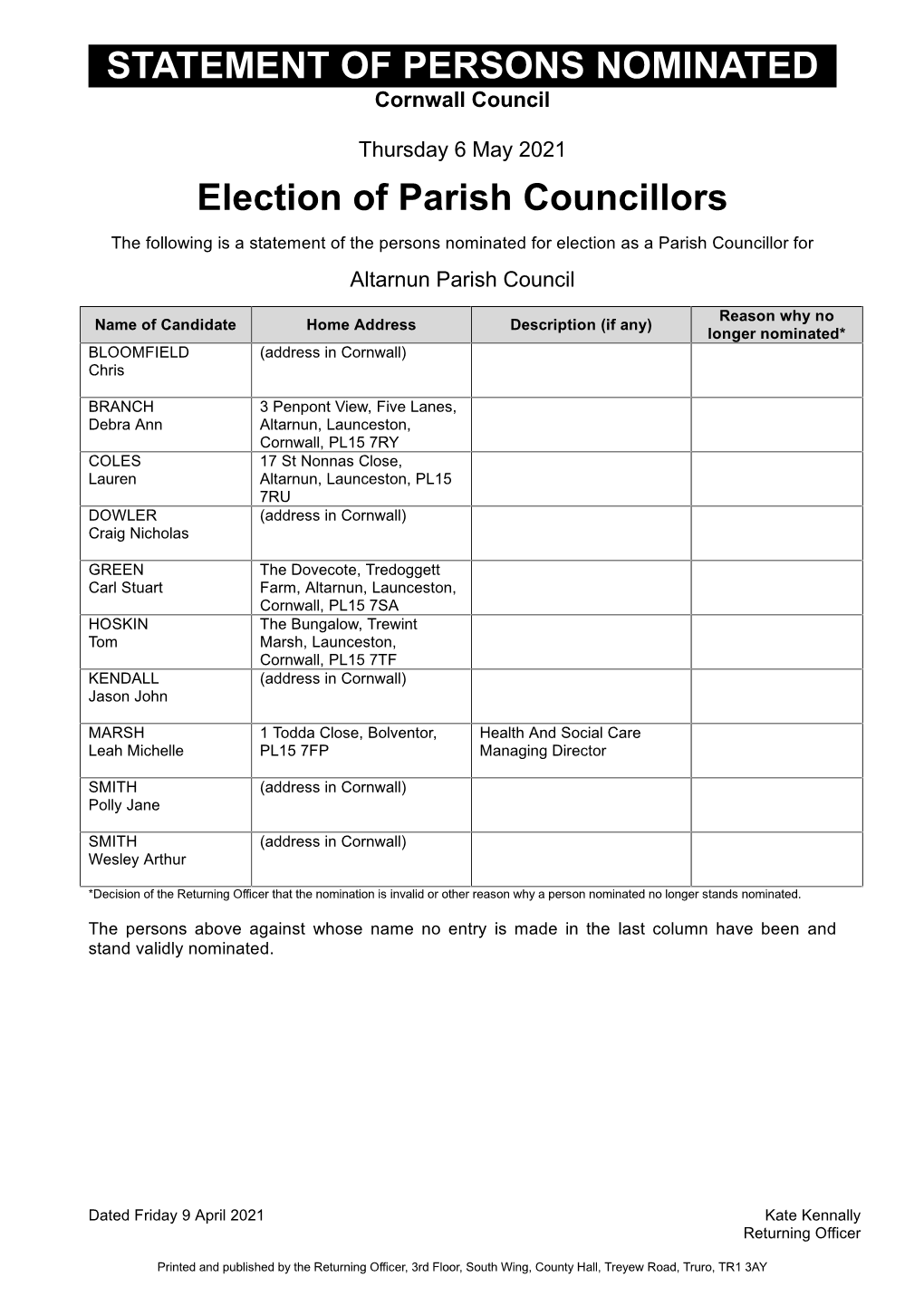 STATEMENT of PERSONS NOMINATED Election of Parish