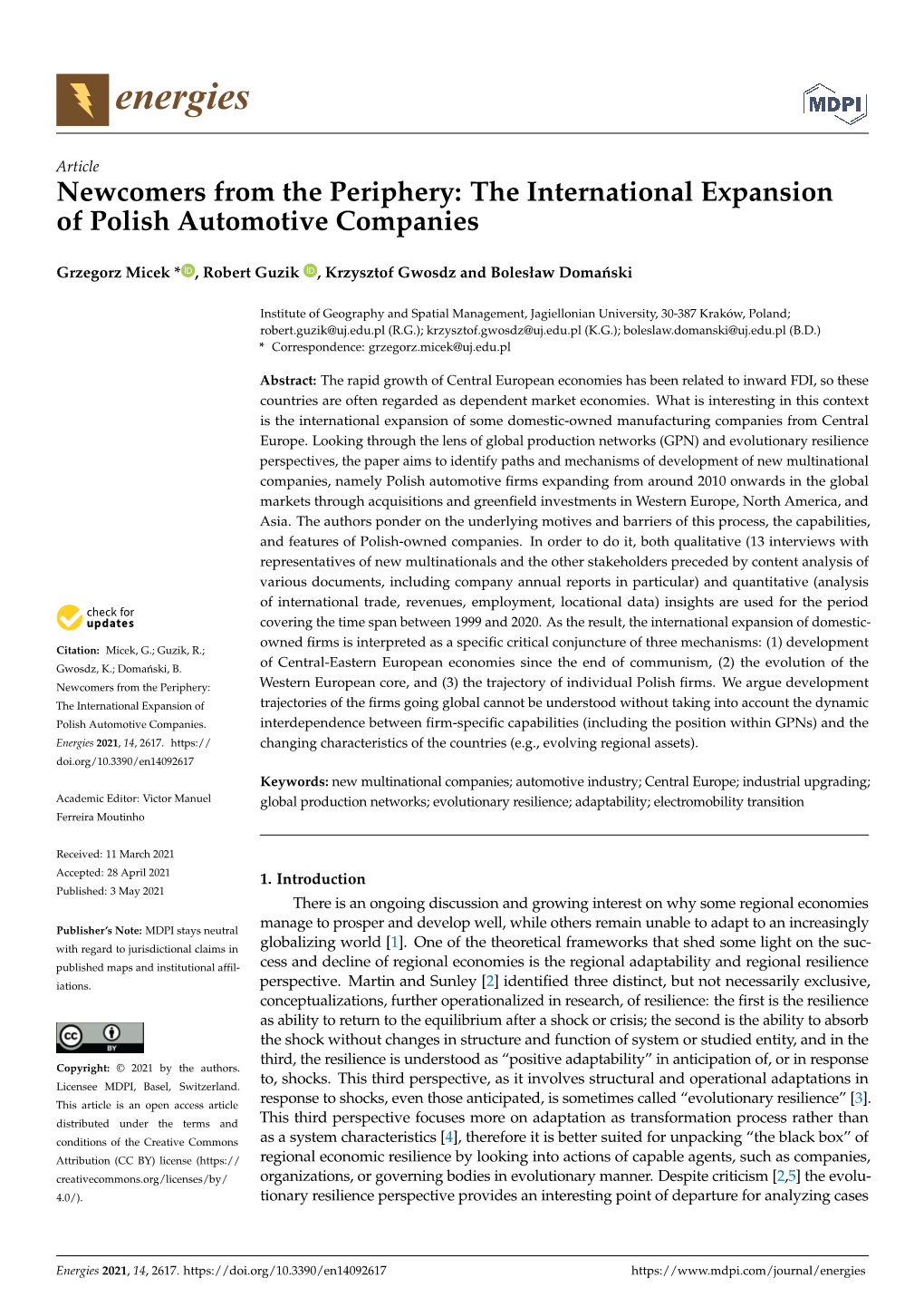 Newcomers from the Periphery: the International Expansion of Polish Automotive Companies