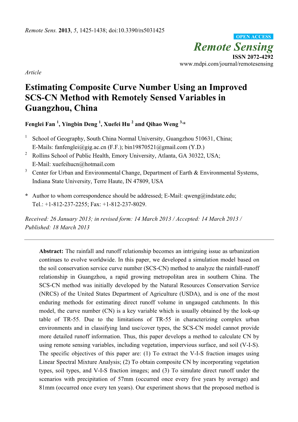 Estimating Composite Curve Number Using an Improved SCS-CN Method with Remotely Sensed Variables in Guangzhou, China