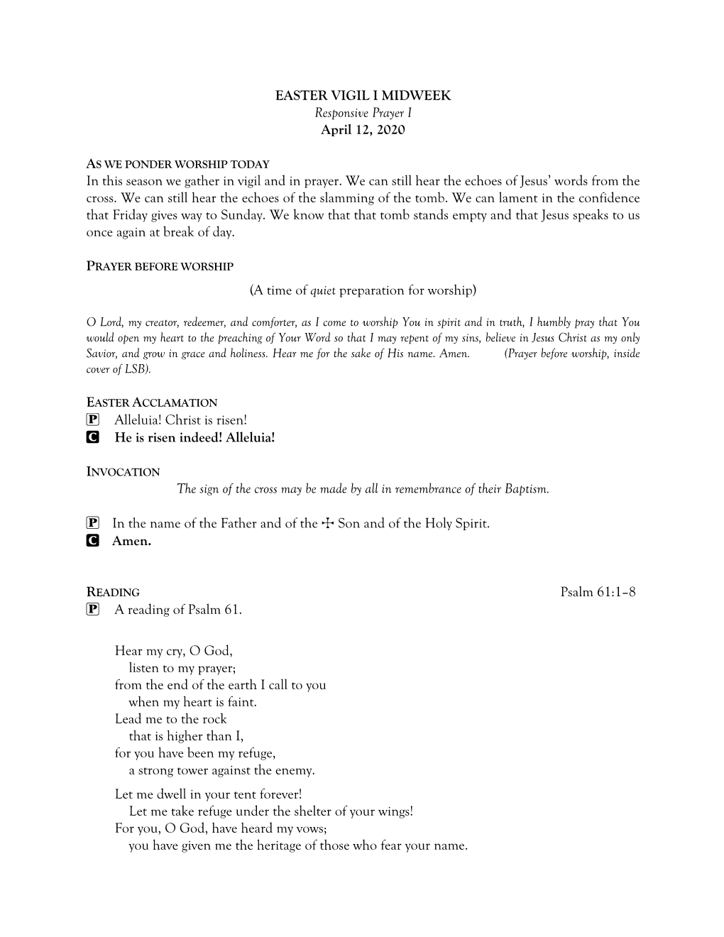EASTER VIGIL I MIDWEEK Responsive Prayer I April 12, 2020