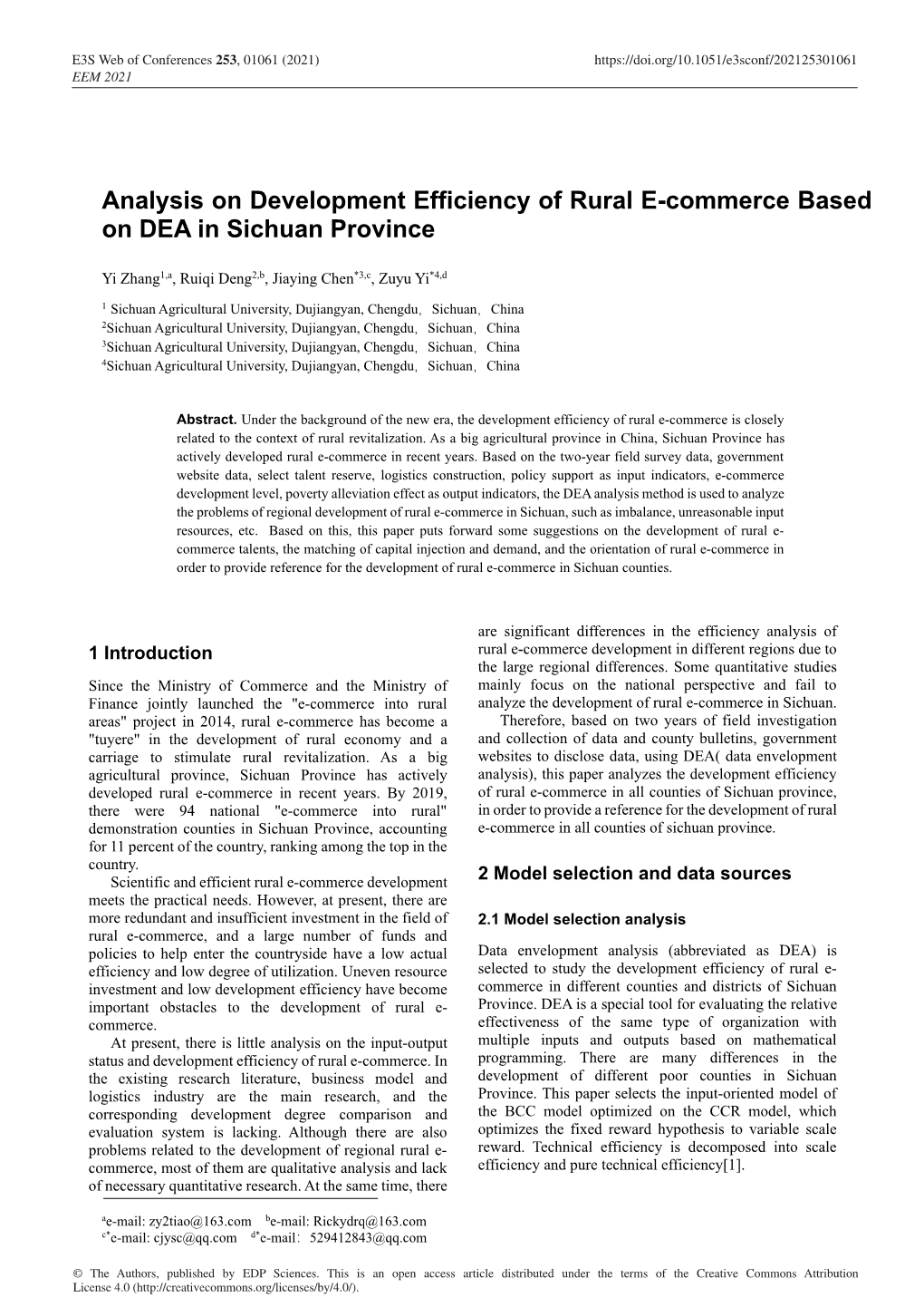 Analysis on Development Efficiency of Rural E-Commerce Based on DEA in Sichuan Province