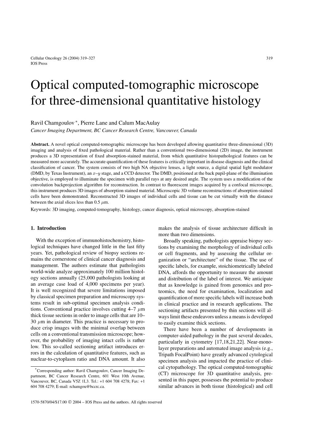 Optical Computed-Tomographic Microscope for Three-Dimensional Quantitative Histology