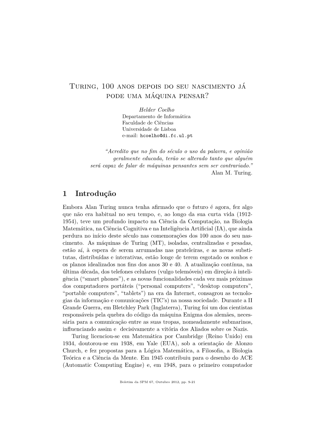 Turing, 100 Anos Depois Do Seu Nascimento Já Pode Uma Máquina Pensar?