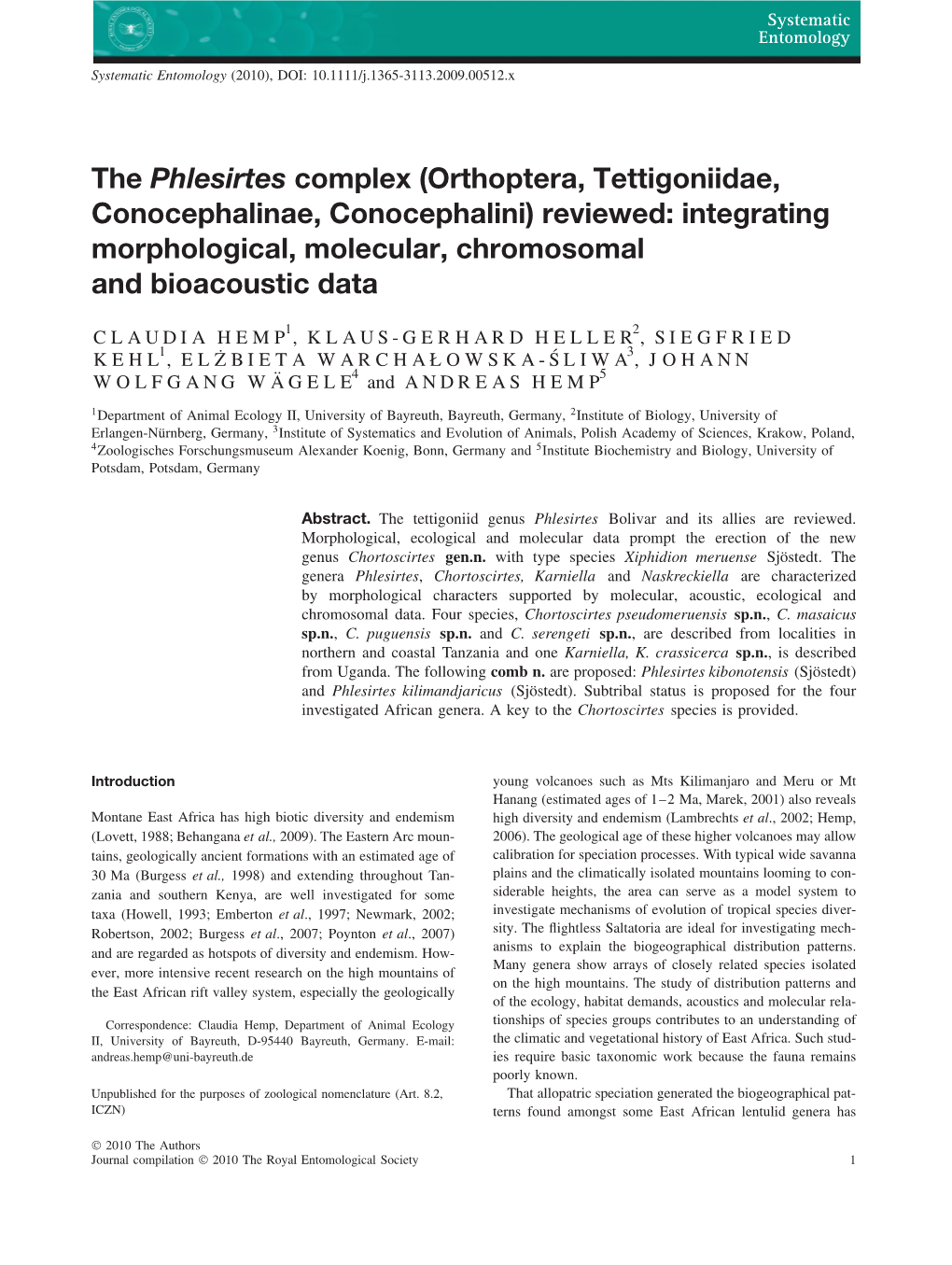 The Phlesirtes Complex (Orthoptera, Tettigoniidae, Conocephalinae, Conocephalini) Reviewed: Integrating Morphological, Molecular, Chromosomal and Bioacoustic Data