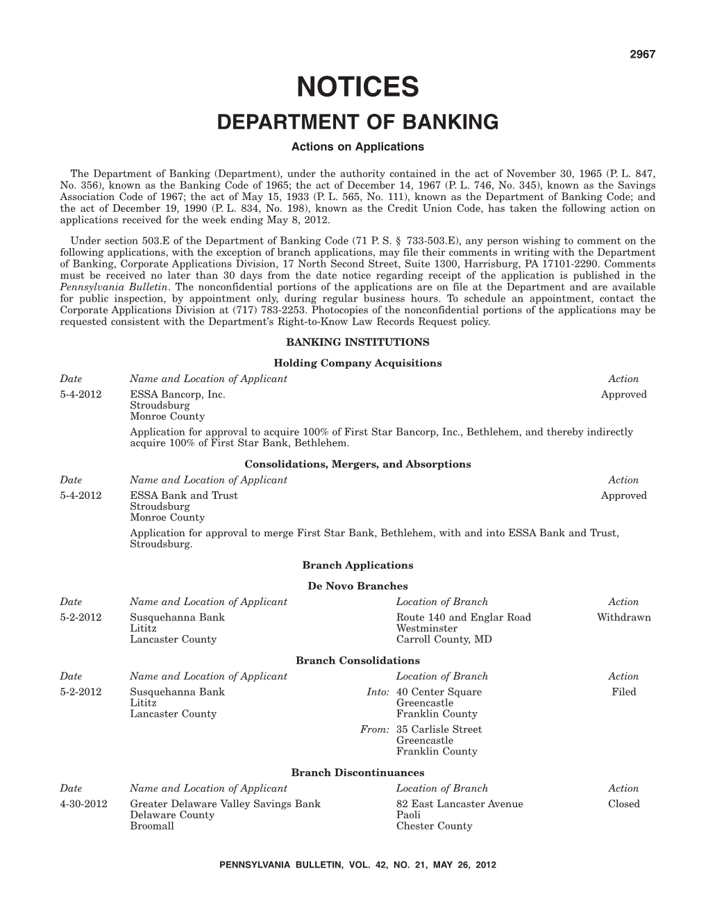 NOTICES DEPARTMENT of BANKING Actions on Applications